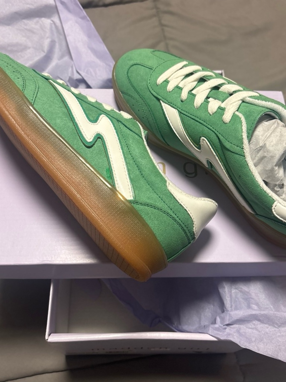 Madden Girl Green Suede Sneakers with White Accents and Gum Sole